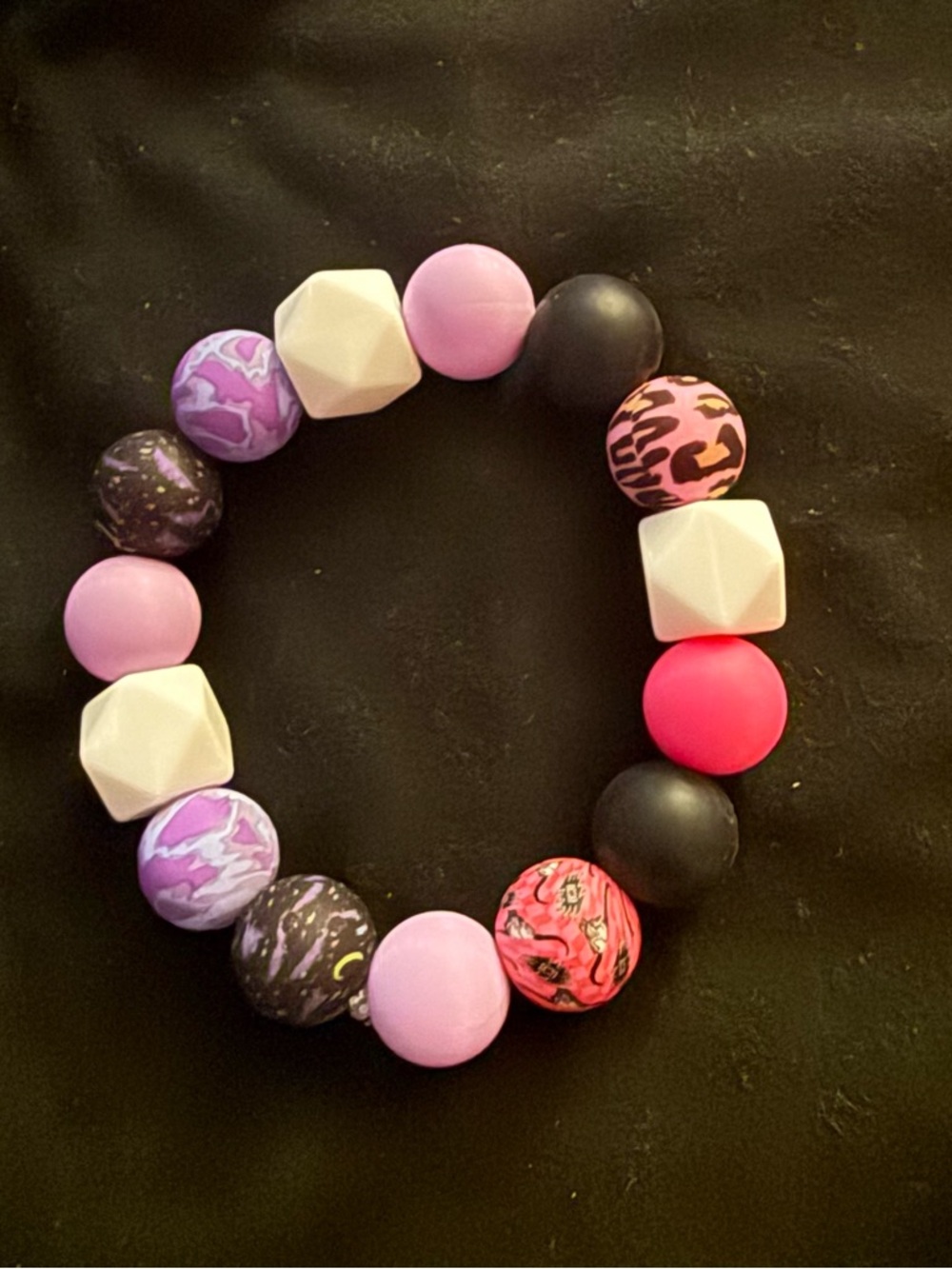 Chunky Pink, Purple & Black Beaded Bracelet